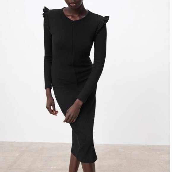 ZARA Ribbed Ruffle Black Midi Dress Bodycon M NWT - Picture 2 of 2